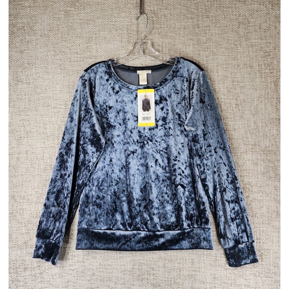 Matty M Crushed Velour Shirt Top Womens S Blue Steele Stretch Round Neck NEW